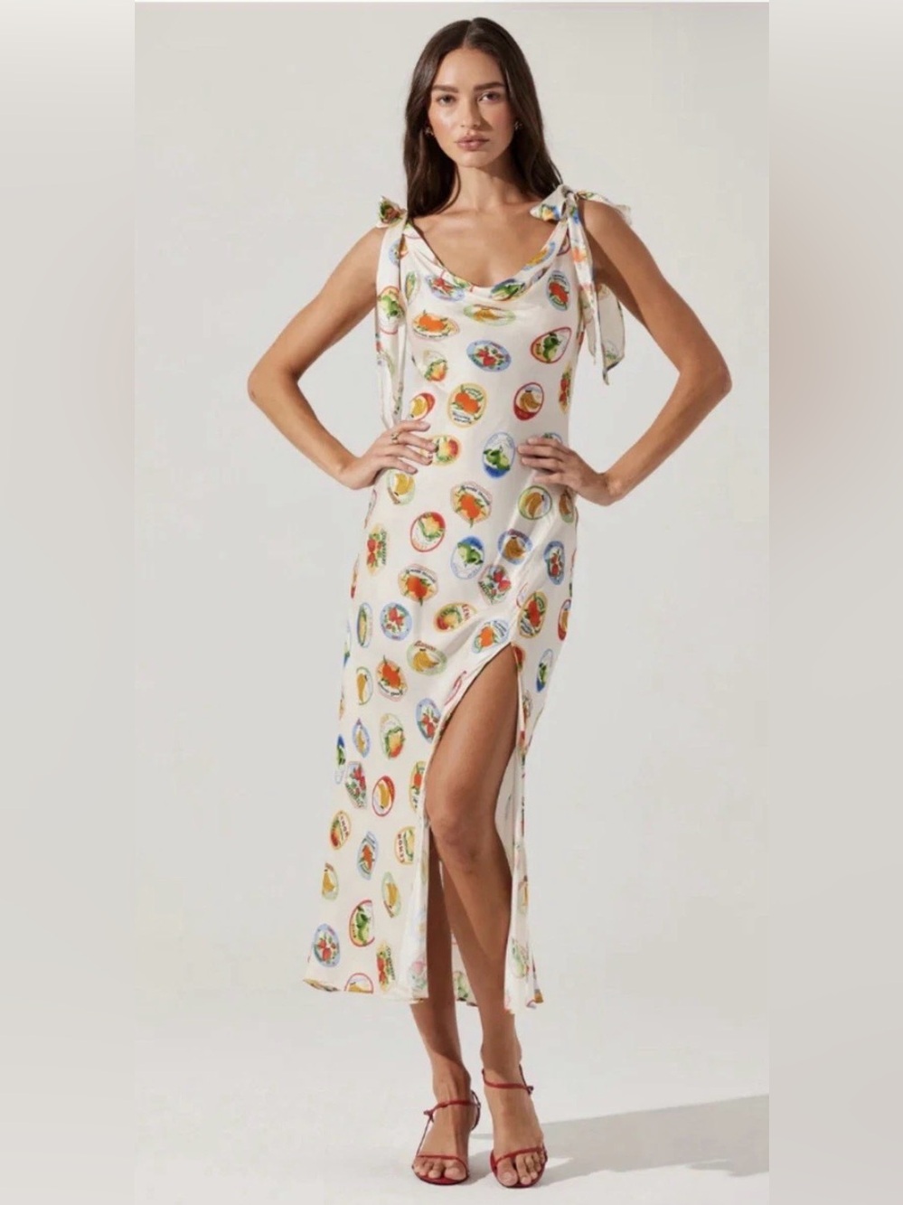 ASTR the Label Allexina Satin Midi Dress Ivory & Fruit Cocktail/Size Small NWT